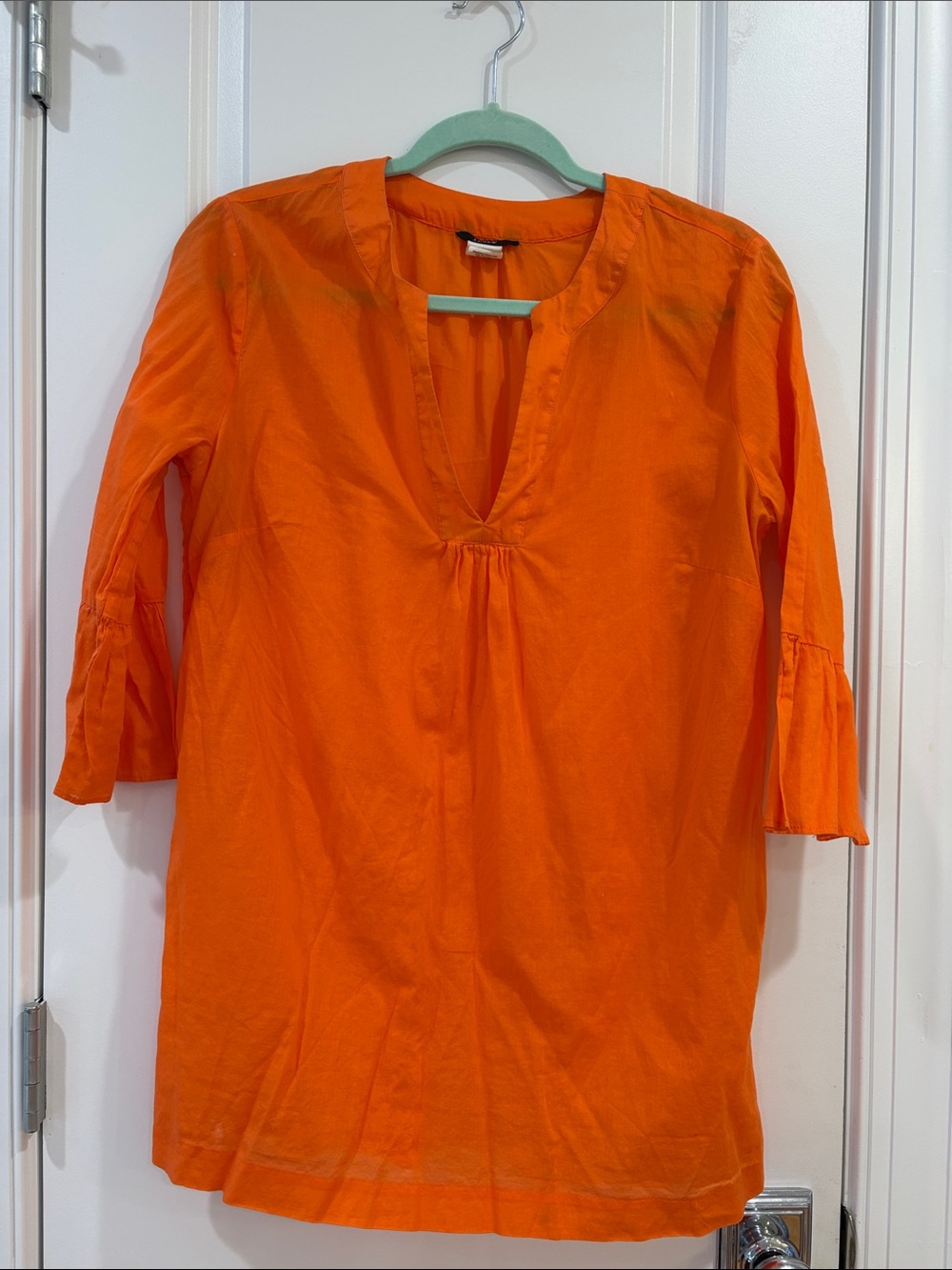 J. Crew Orange V-Neck Tunic with 3/4 Bell Sleeves